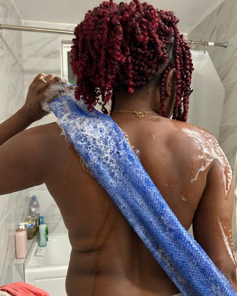 African exfoliating net stretched across the back