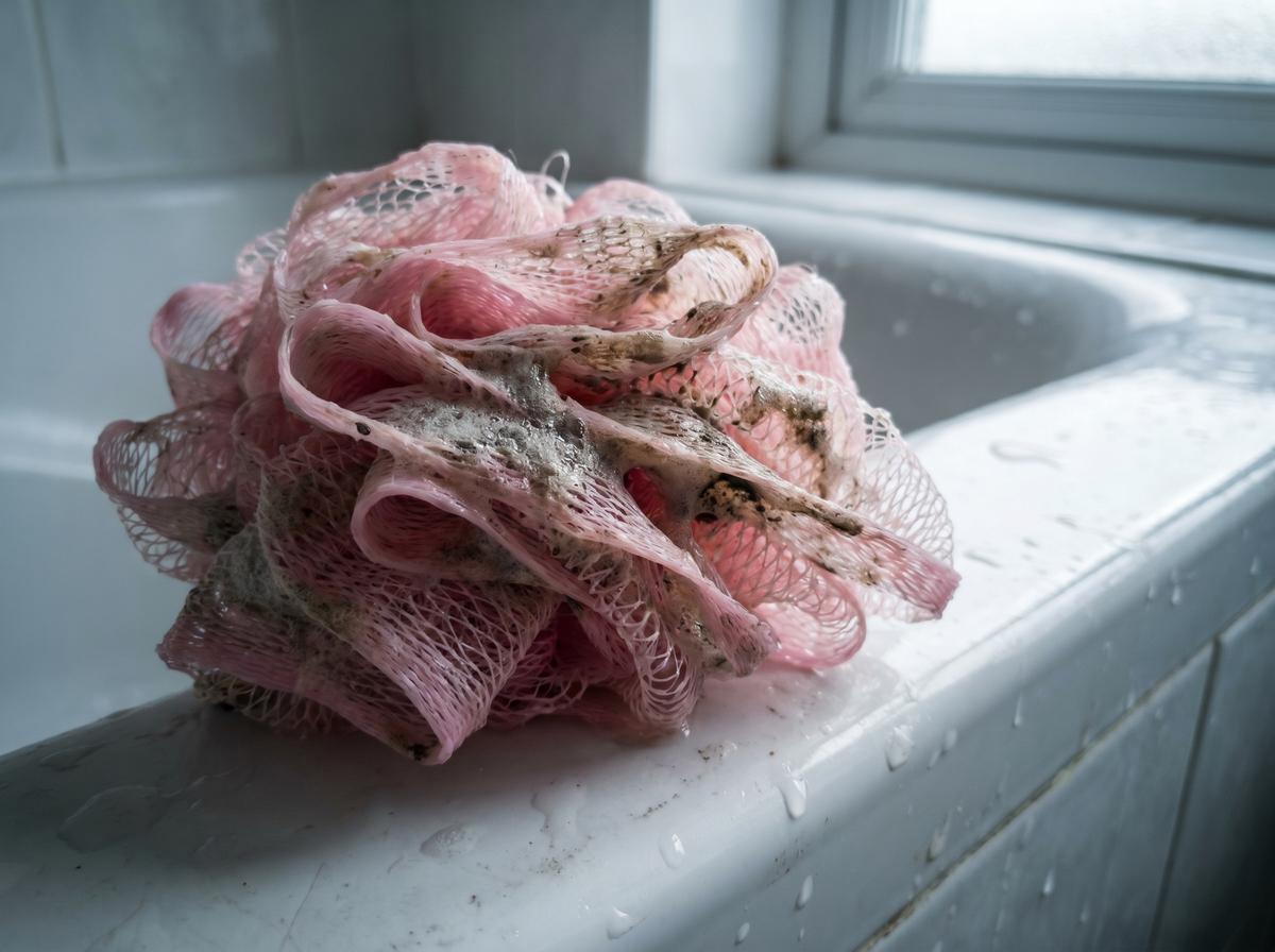Used shower loofah with tightly gathered mesh