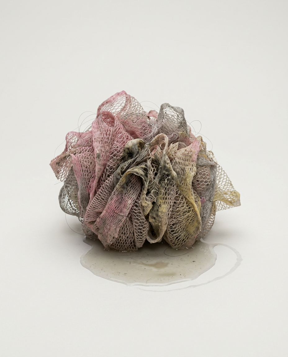 Worn shower pouf after repeated use