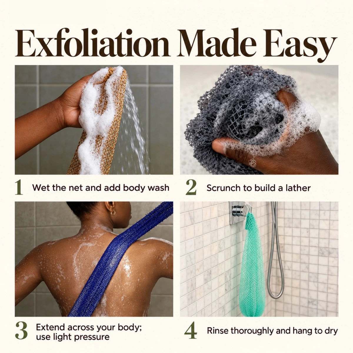 Exfoliation Made Easy: wet and add soap, scrunch, extend, then rinse and hang